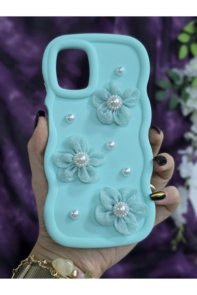 Magic Ring Huawei P40 Lite Uyumlu Su Yeşili İnci & Tül Çiçekli Şık Telefon Kılıfı