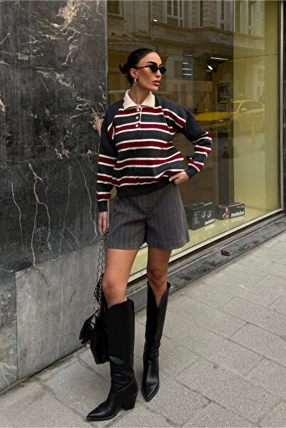 Fav Style Women's Polo Neck Striped Oversized Knitwear Sweater Gray