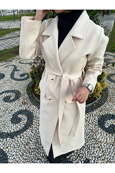 ÖZEL DİKİM Fildişi premium Kaşe Kumaş Kuşaklı Kapaklı Cep Astarlı Tesettür Ka...