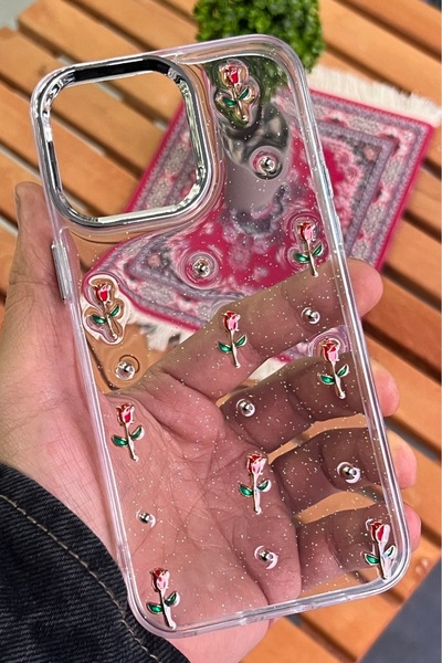 EDELFU iPhone 16 Pro - Transparent Glittery Red Rose Pattern Cover Shiny Case with Camera Protrusion