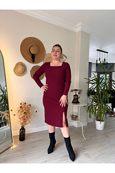 MJORA Square Neck Midi Length Crepe Fabric Pencil Dress