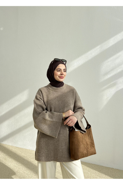 MODA AKSA OVERSİZE DOKUMA KAZAK vizon