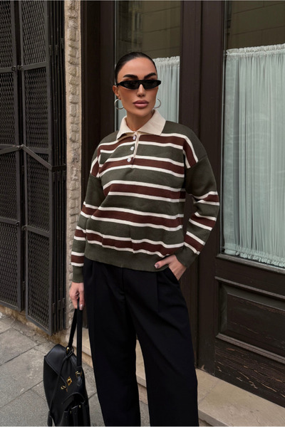 Fav Style Γυναικείο πλεκτό πουλόβερ με λαιμόκοψη πόλο ριγέ oversized χακί