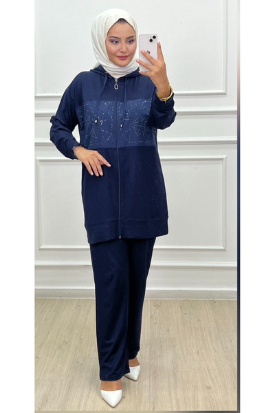 CELTMODA Women's Stone Parachute Detailed Zippered Hooded Hijab Double Set - Blue