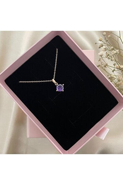Lovera Jewellery 925 Ayar Gümüş Rose Mor Taşlı Tek Taş Kadın Kolye - Zarif Mi...