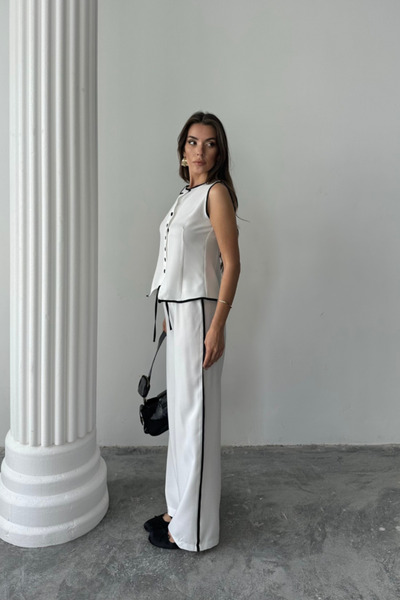 Kanonik Education Linen Edge Tie Vest - Pants Suit - White