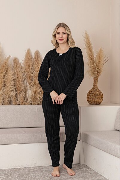 Serena Women's Winter Pajamas – Black with White Dots, Soft Material