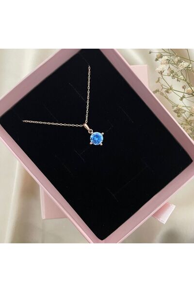 Lovera Jewellery 925 Ayar Gümüş Rose Renk Mavi Taşlı Tek Taş Kolye