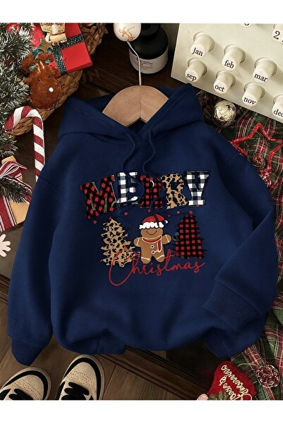 OVER HEAD Γυναικεία χριστουγεννιάτικη μπλούζα με κουκούλα με τύπωμα με 3 κλωστές