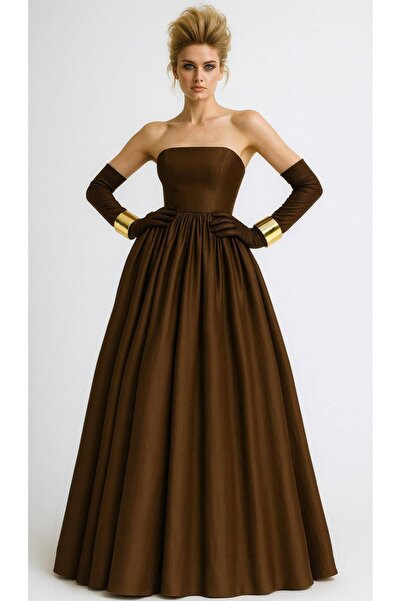 ALYEL NAKER Kahverengi İpek Tafta Maxi Straplez Elbise