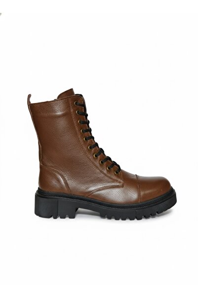 samt Kadın Hakiki Deri Postal Bot Tırtıklı Taban Fermuarlı Bağcıklı Kahve