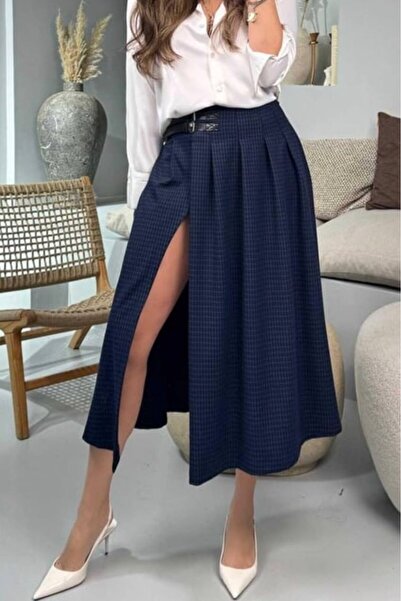 Hisleria Fusta evazată cu fantă cu detaliu curea pentru femei - bleumarin