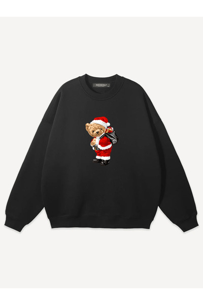 Mad&Calf Unisex Christmas Teddy Printed Crew Neck Oversized Sweatshirt