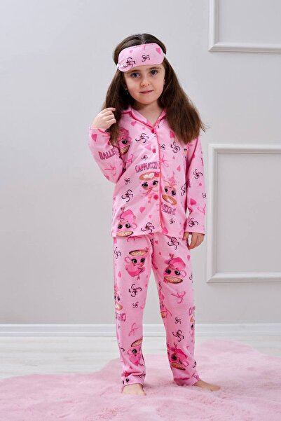 Yağmur Giyim Pjkö Balerina Capicino Patterned Long Sleeve Front Buttoned Girls Pajama Set 4-12 Years 518U