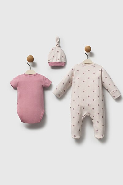 HENGAME Moi Noi Baby Girl Flower Printed 3-Piece Hat – Jumpsuit – Bodysuit Set | 100% Cotton – Oeko-Tex Certified