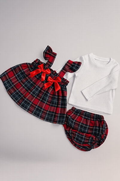 Bebista Kız Bebek Ekose Askılı Elbise ve Beyaz Ribana Uzun Kollu Body 2’li Takım