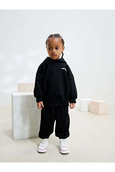 Magu Unisex Kids Cotton Black Hooded Sweat & Jogger Tracksuit Set