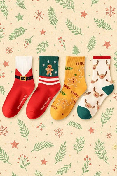 OKAVANGO 41-45 Yılbaşı Çorabı Unisex Noel Babalı Desenli Çorap Geyikli 4 Çift