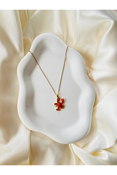 Home Kırmızı Mine Yengeç Figürlü Altın Renk Kolye - Şık ve Modern Kadın Akses...