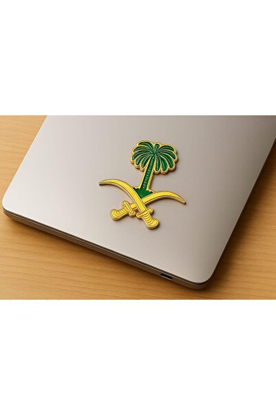 Generic Gold-Plated Metal Sticker - Saudi Palm Tree with Crossed Swords, Green Enamel