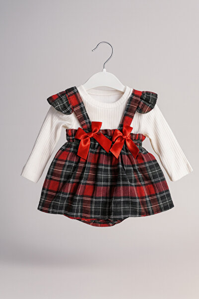 Bebista Kız Bebek Ekose Askılı Elbise ve Beyaz Ribana Uzun Kollu Body 2’li Takım