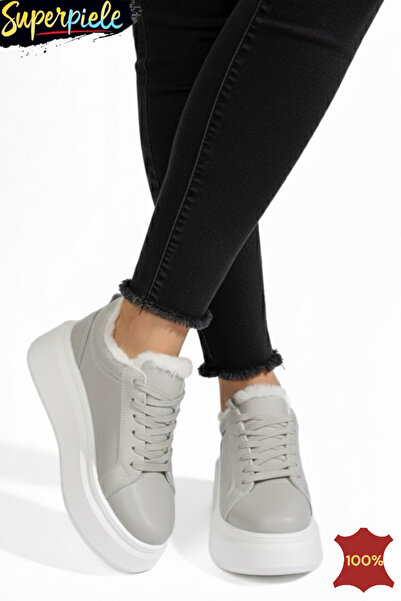 ANGEL BLUE Gray fur-lined casual shoes in leather with high sole for winter