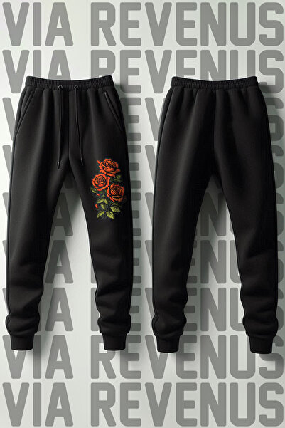 Vordevia Flower Printed 3-Thread Fleece-Lined Soft Fabric Sweatpants