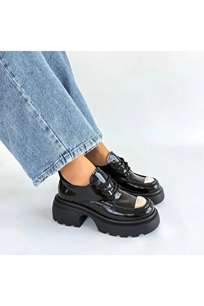 ZENGEZUR MALL Mtxdpn Kiya Black Patent Leather Wedge Heel Oxford Shoes (00023) (Size: 37)