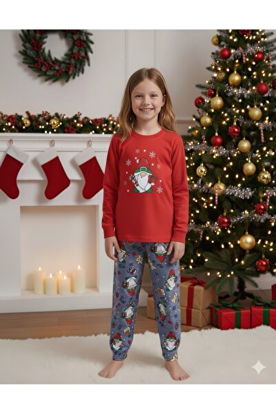 Serena Kids Christmas Pajamas – Red Top & Grey Pants with Printed