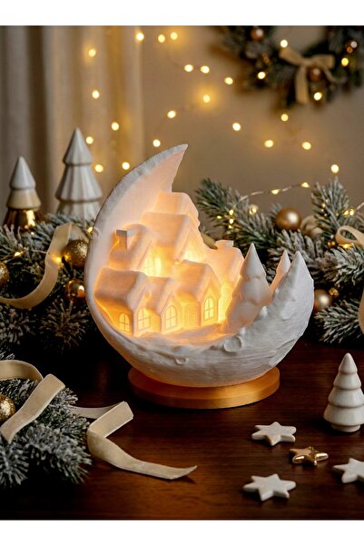 HaBu Lab 3D Baskı Ay Üzerinde Kış Köyü Gece Lambası | LED Mum Işıklı | Yılbaş...
