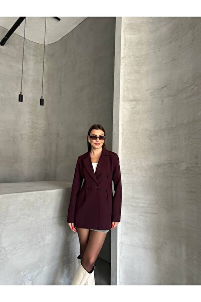 Narstorm Women's Burgundy Button Detailed Blazer Jacket