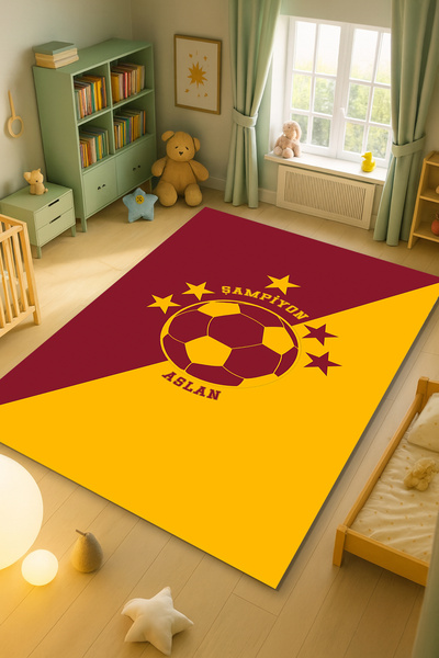 Kessy Home Studio Sarı Kırmızı Aslan Temalı Çocuk Oda Halısı Makinede Yıkanab...