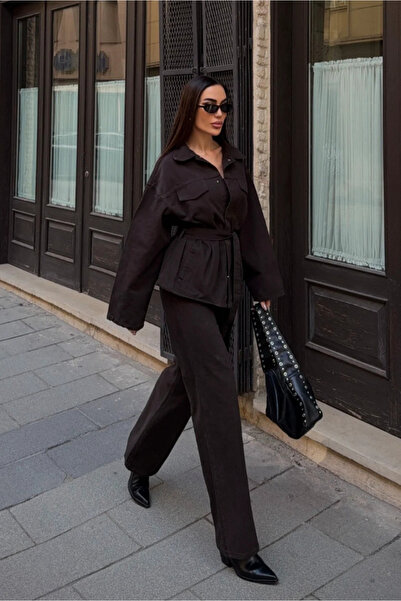 Fav Style Women's Belted Oversized Jacket and High Waist Denim Pants Top and Bottom Set Brown