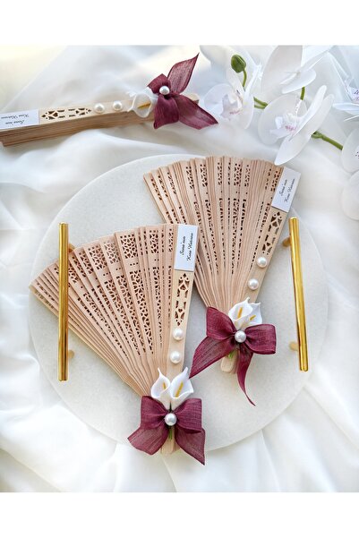 Gami Handmade Zambak Süslemeli İnci Detaylı Ahşap Yelpaze - Nişan, Nikah, Söz...
