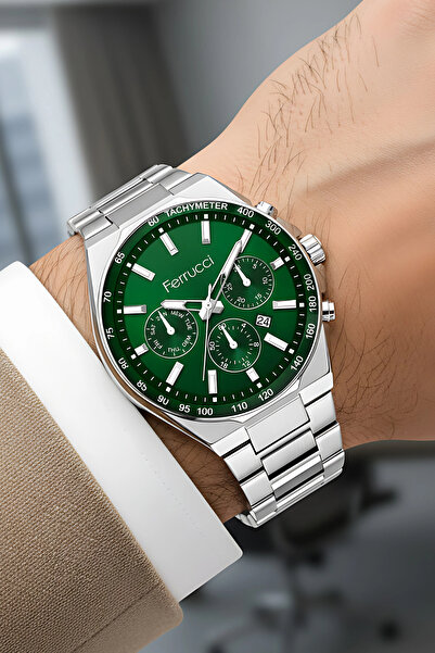 Ferrucci Men's Wristwatch with Calendar Steel Case & Steel Strap Silver-Green Color Zmfer215