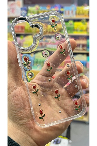 EDELFU iPhone 16 - Transparent Glittery Red Rose Pattern Cover Shiny Case with Camera Protrusion