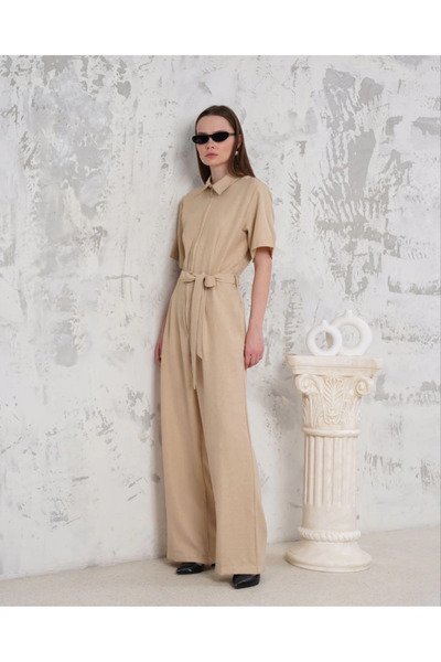 ZENGEZUR MALL Mtxdpn Belted Shirt Collar Loose Jumpsuit Beige S255822 (00607) (Size: m)