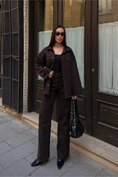 Fav Style Women's Belted Oversized Jacket and High Waist Denim Pants Top and Bottom Set Brown