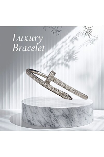 Sln Gümüş Çivi Model Taşlı Gümüş Kelepçe Bileklik