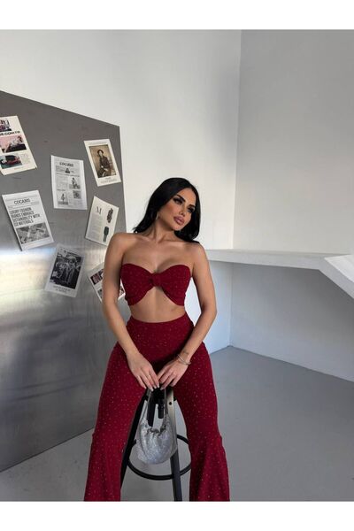 sajarsln Saja Rsln Bow Top and Flared Pants Glitter Stone L Stretch Fabric Two-Piece Set