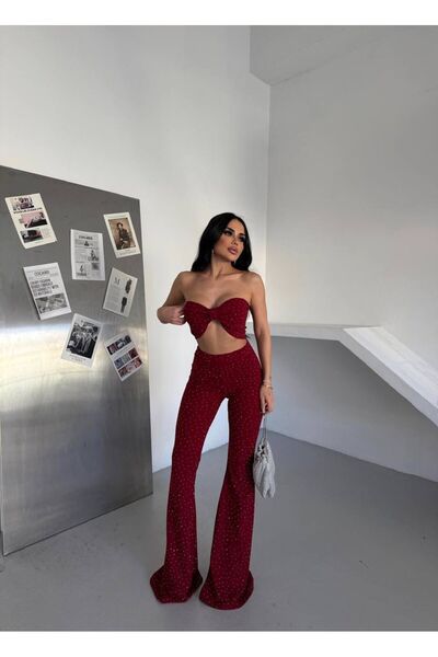 sajarsln Saja Rsln Bow Top and Flared Pants Glitter Stone L Stretch Fabric Two-Piece Set