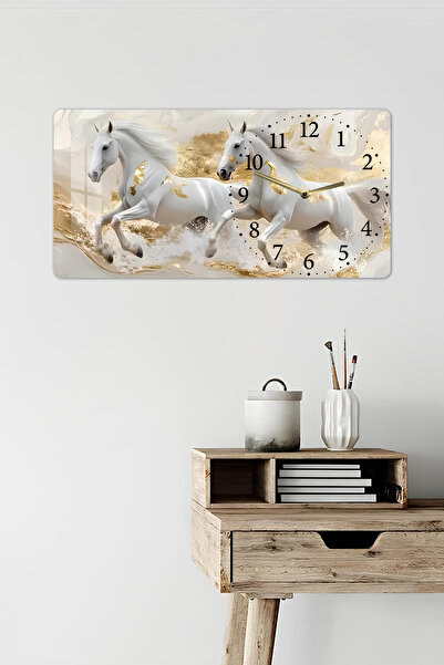 kutuTR 3D Görünümlü Temperli Cam Saat Tablo – Beyaz Atlar Tasarım – UV Baskı 60x30 cm - YSG011