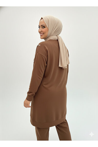 CELTMODA Women's Striped Detail Crystal Fabric Hijab Double Set - Brown