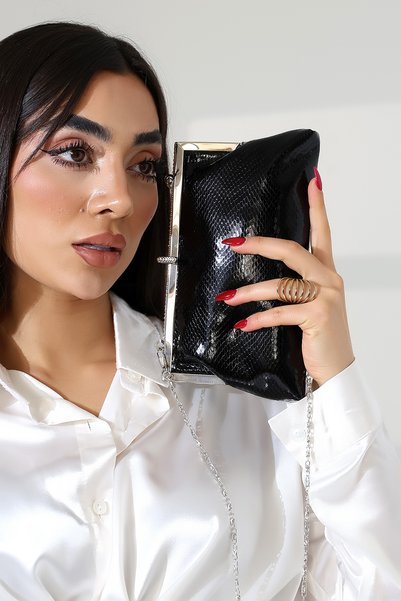 Moda Lime Geantă de mână pentru femei, cu model din piele de șarpe neagră, cu curea metalică cu lanț