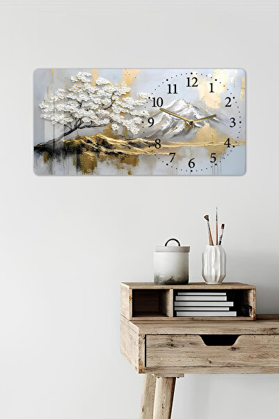 kutuTR 3D Görünümlü Temperli Cam Saat Tablo – Dağ Ve Ağaç Manzarası – 60x30 Cm Uv Baskı - YSG016