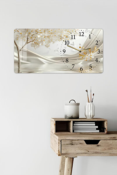 kutuTR 3D Görünümlü Temperli Cam Saat Tablo – Beyaz Çiçek ve Dalga Deseni – UV Baskı 60x30 cm - YSG012