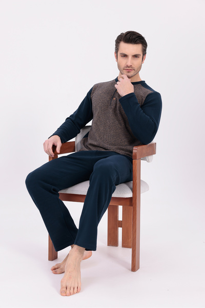 BLACKMORE Men's Brown Front Half Button Long Sleeve Cotton Men's Pajama Set