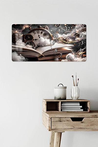 kutuTR 3D Görünümlü Temperli Cam Saat Tablo – Zaman ve Kitap Temalı Duvar Dekoru UV Baskı 60x30 cm - YSG001