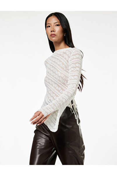Koton Long Sleeve Crew Neck Lace-Up Detail Ruched Blouse
