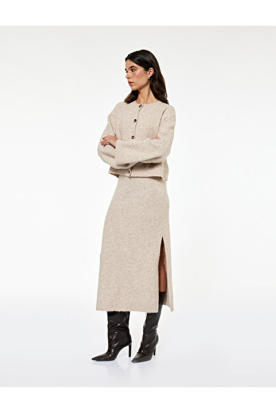 Koton High Waist Midi Knit Skirt with Slit Detail